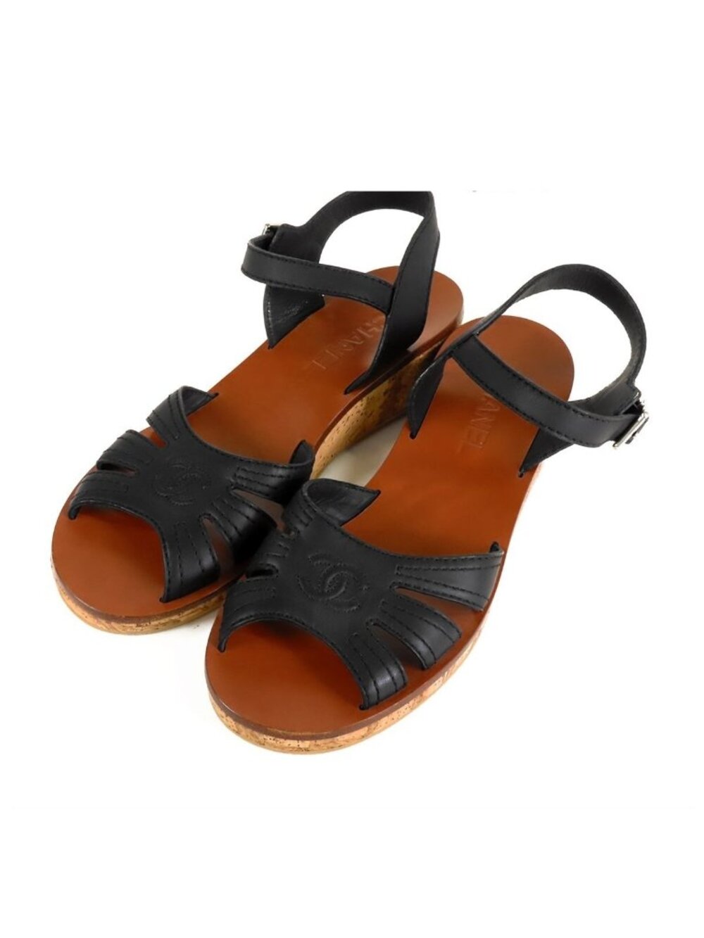 Chanel Wedge Sandals Black Brown Cork Leather CC Logo Shoes
